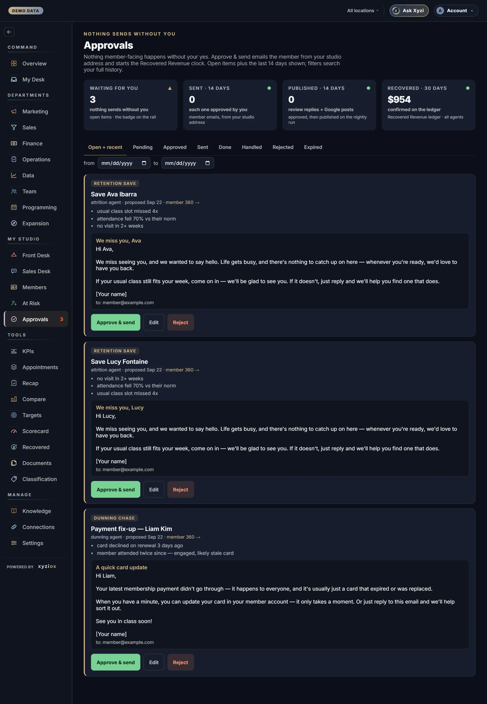 The Approvals in Xyzios on All locations, desktop size, dark theme, showing the Demo Studio