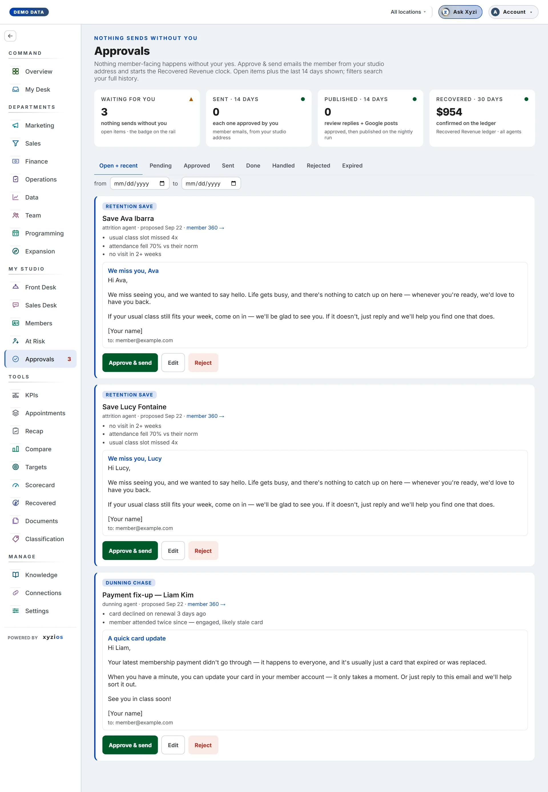 The Approvals in Xyzios on All locations, desktop size, light theme, showing the Demo Studio