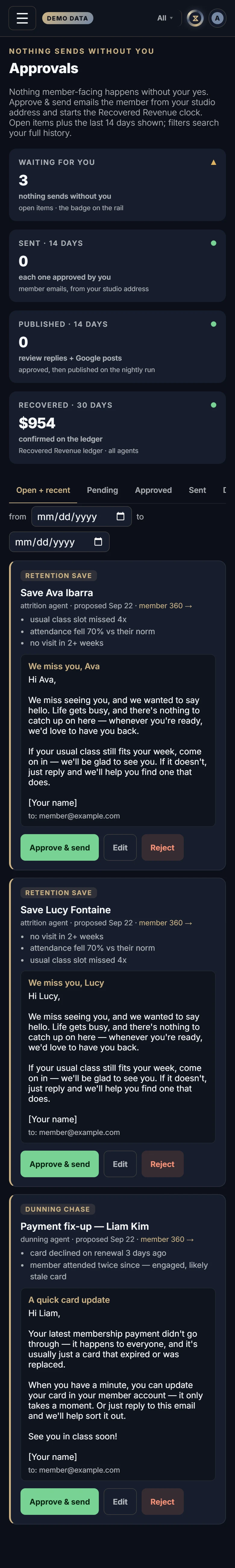 The Approvals in Xyzios on All locations, phone size, dark theme, showing the Demo Studio