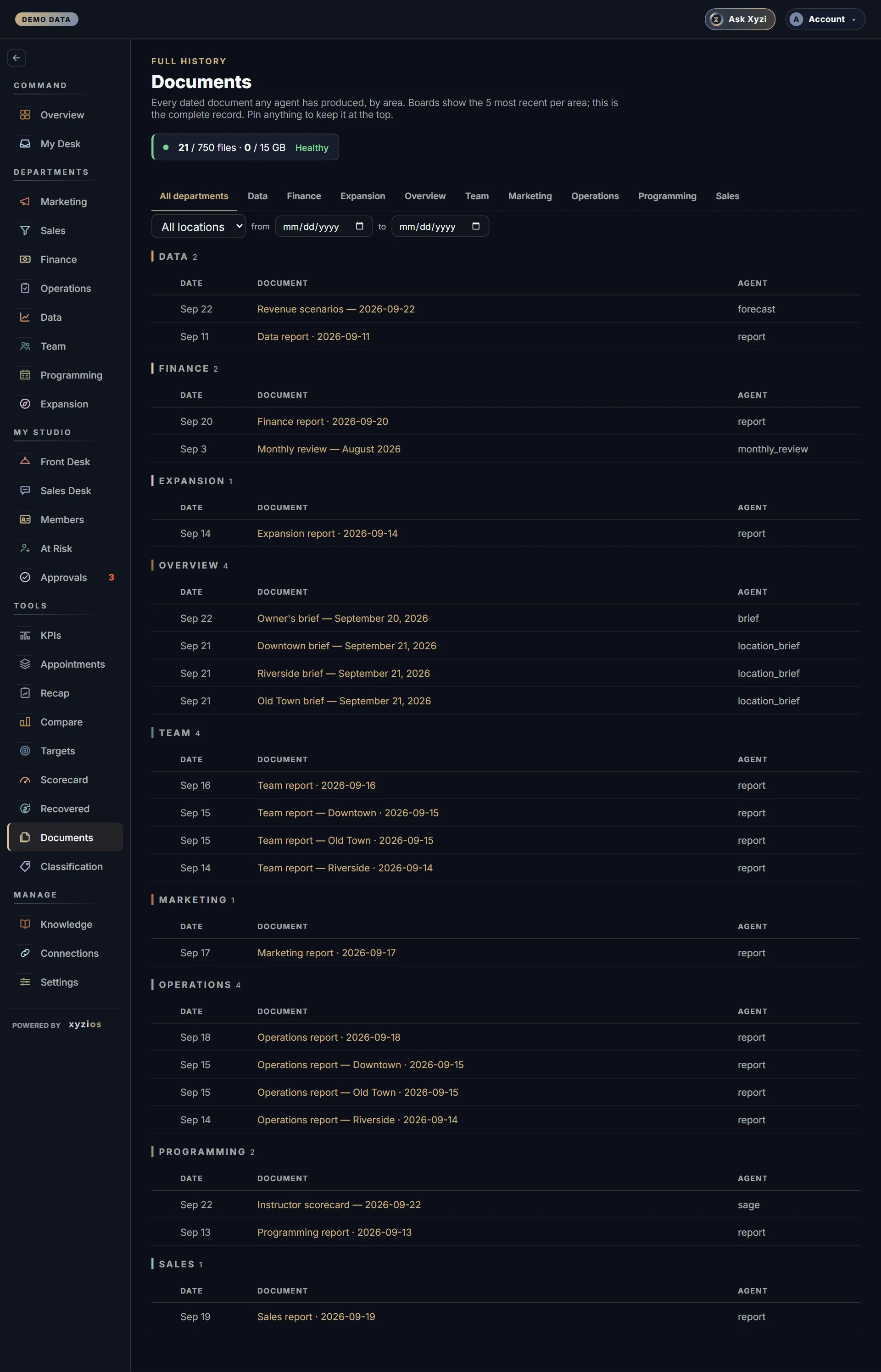 The Documents in Xyzios on All locations, desktop size, dark theme, showing the Demo Studio