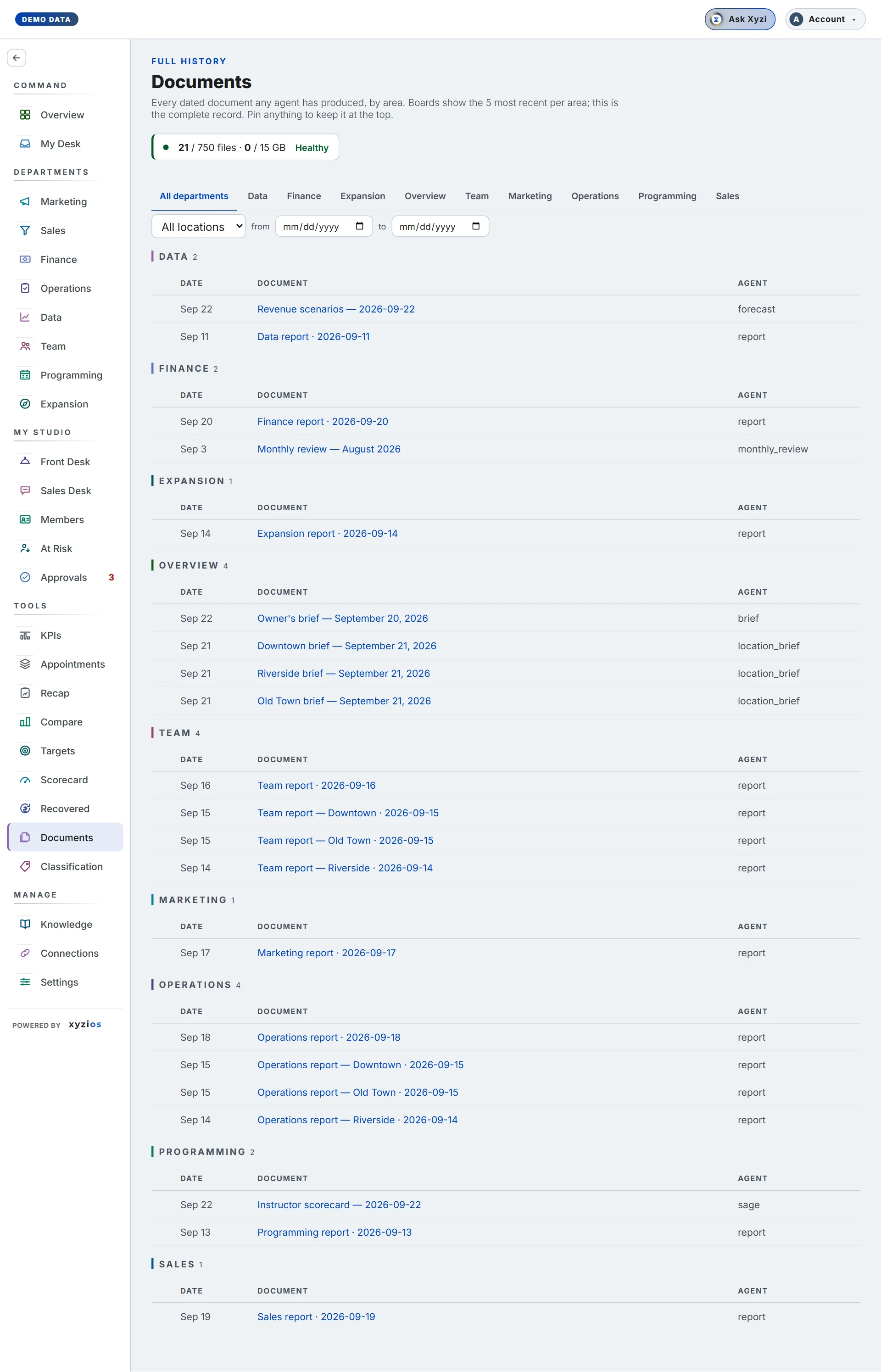 The Documents in Xyzios on All locations, desktop size, light theme, showing the Demo Studio