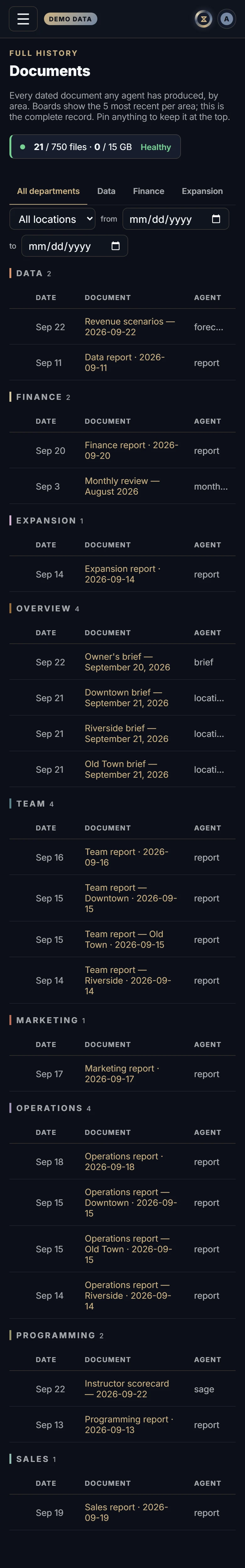 The Documents in Xyzios on All locations, phone size, dark theme, showing the Demo Studio