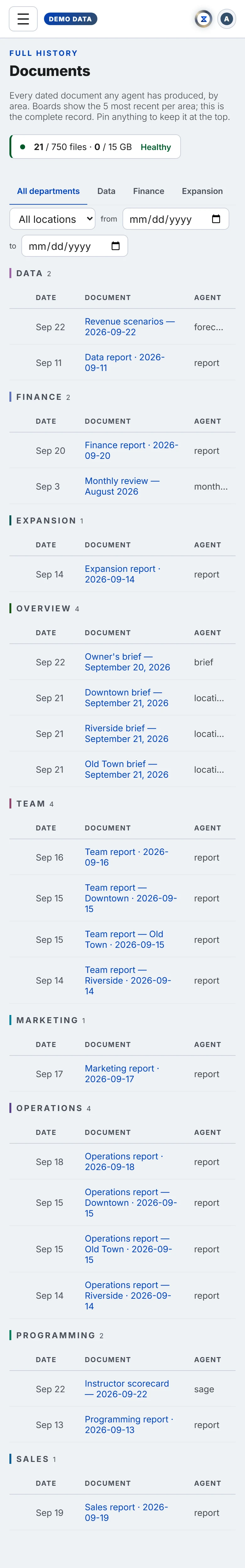 The Documents in Xyzios on All locations, phone size, light theme, showing the Demo Studio