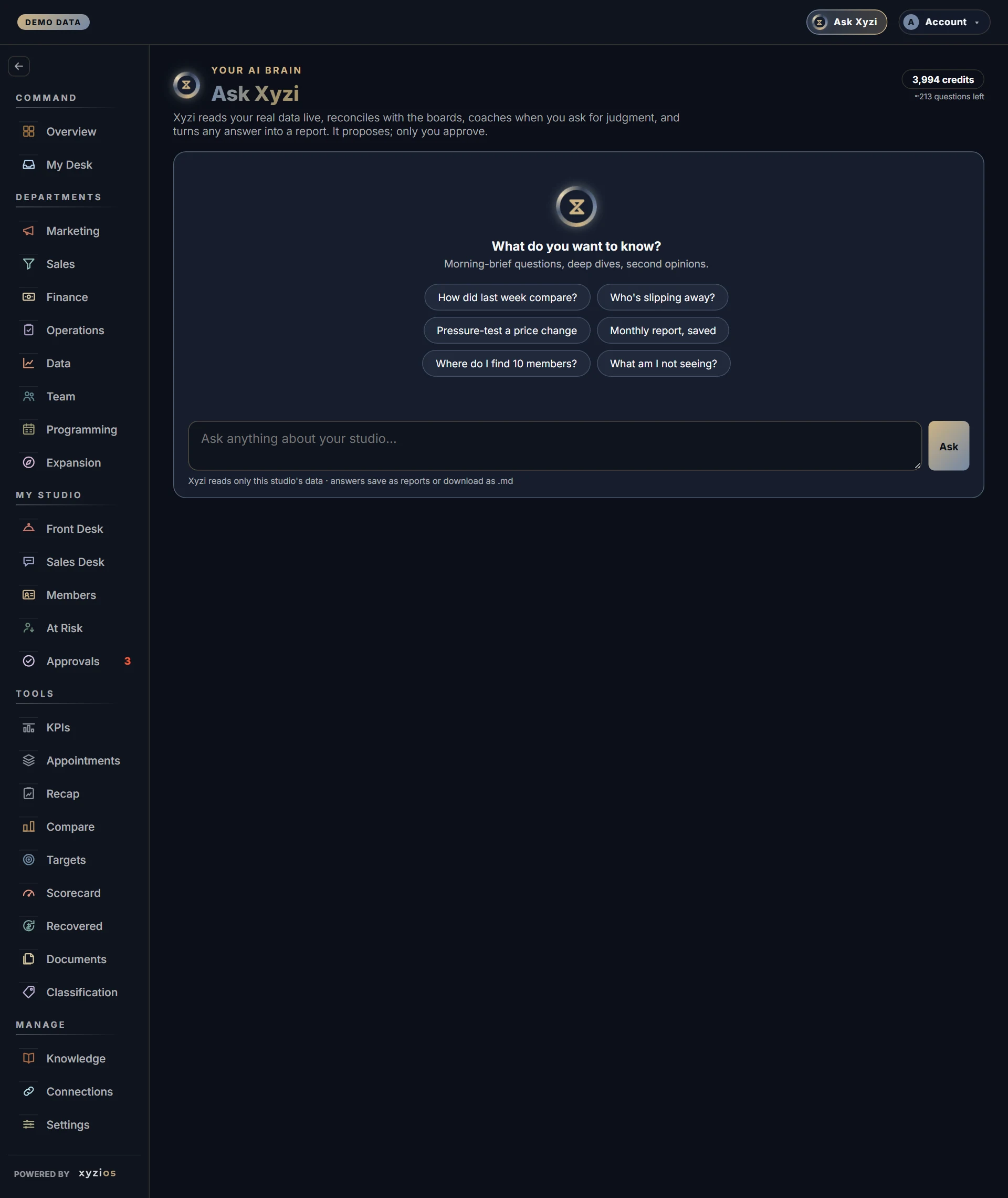 The Ask Xyzi in Xyzios on All locations, desktop size, dark theme, showing the Demo Studio