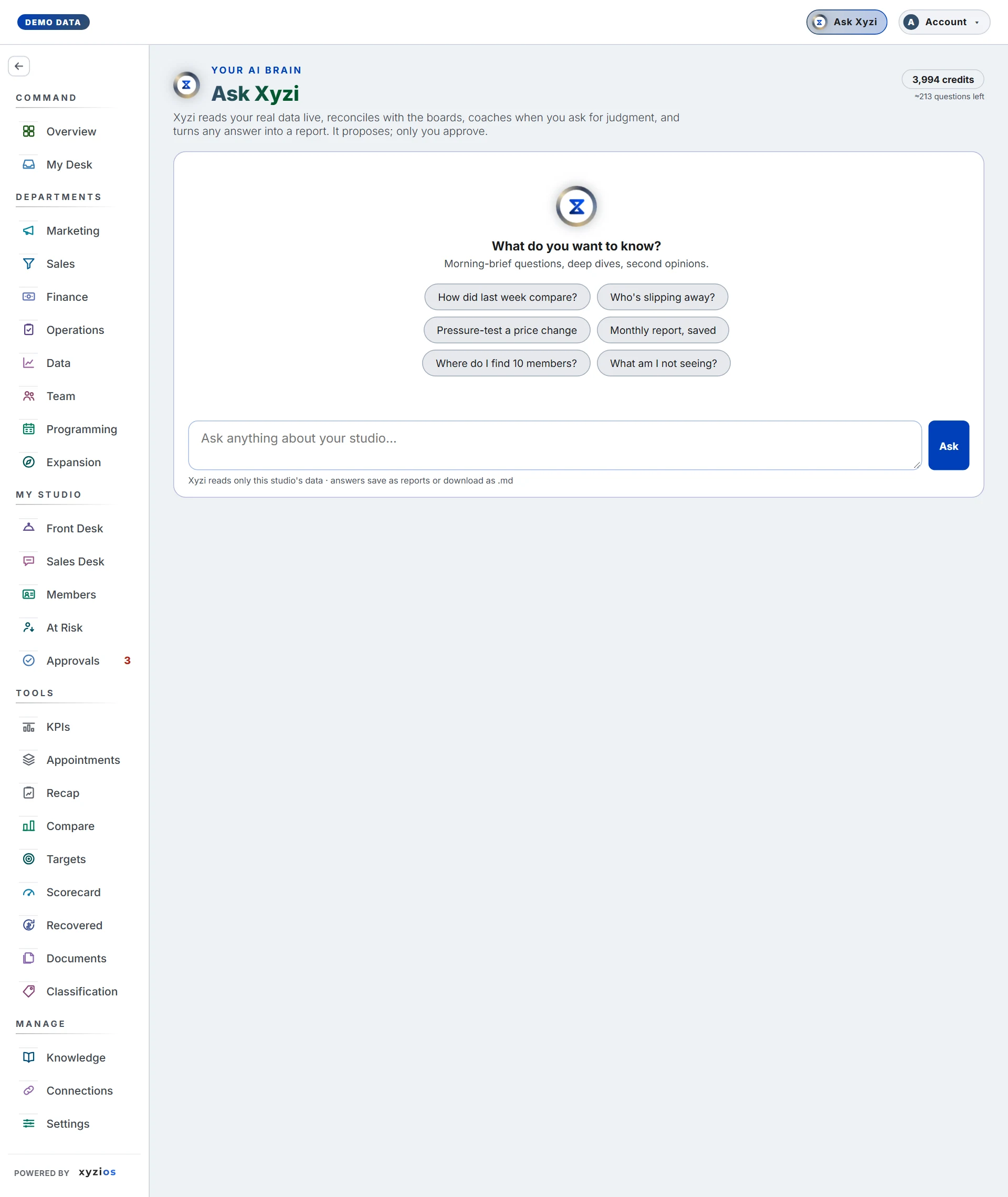 The Ask Xyzi in Xyzios on All locations, desktop size, light theme, showing the Demo Studio