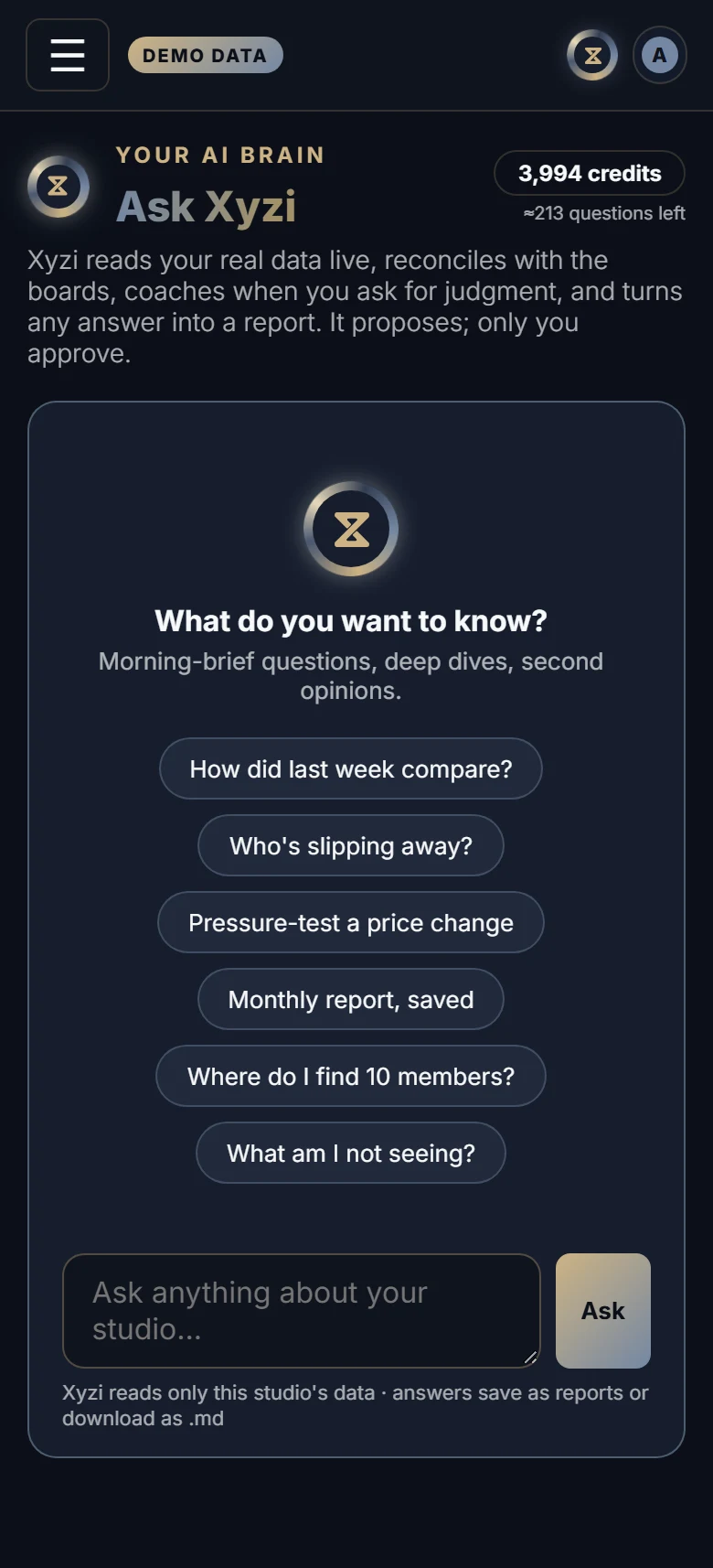 The Ask Xyzi in Xyzios on All locations, phone size, dark theme, showing the Demo Studio