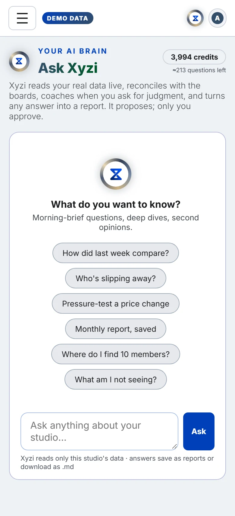 The Ask Xyzi in Xyzios on All locations, phone size, light theme, showing the Demo Studio