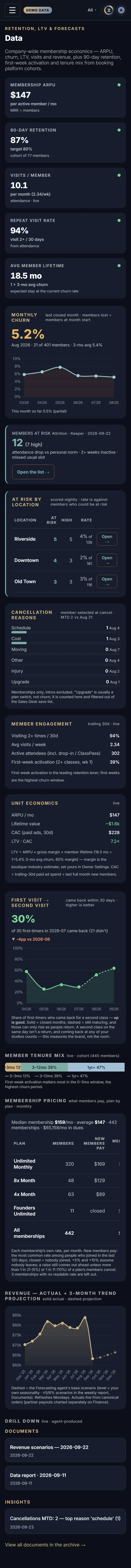 The Data in Xyzios on All locations, phone size, dark theme, showing the Demo Studio