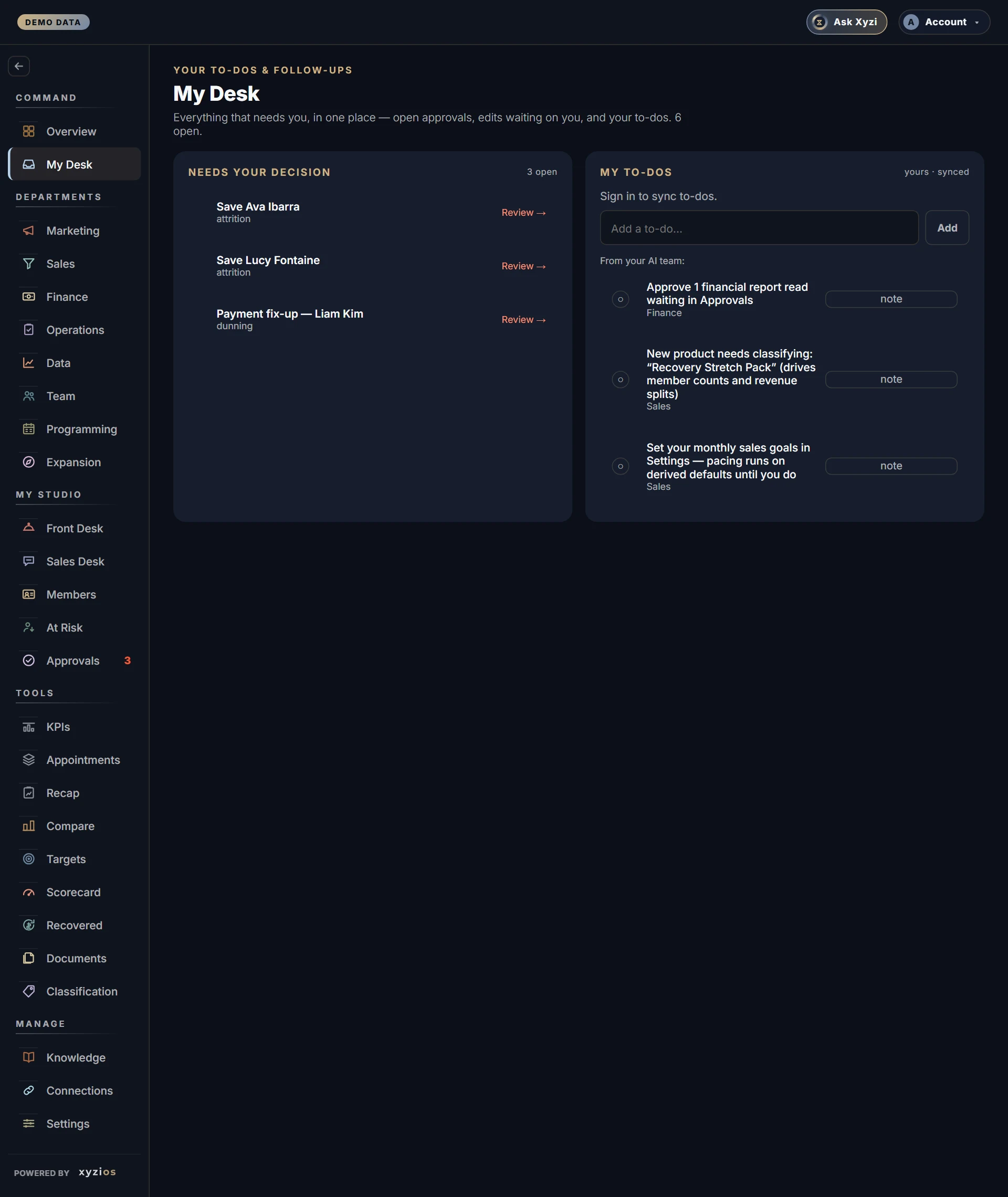 The My Desk in Xyzios on All locations, desktop size, dark theme, showing the Demo Studio