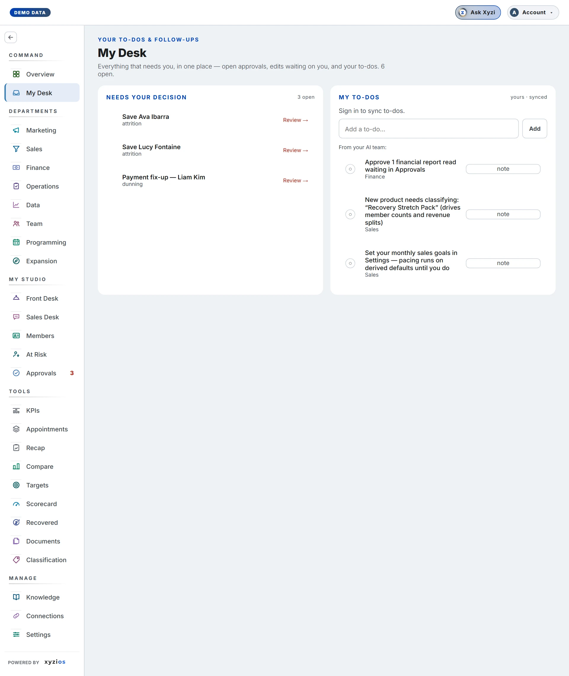 The My Desk in Xyzios on All locations, desktop size, light theme, showing the Demo Studio