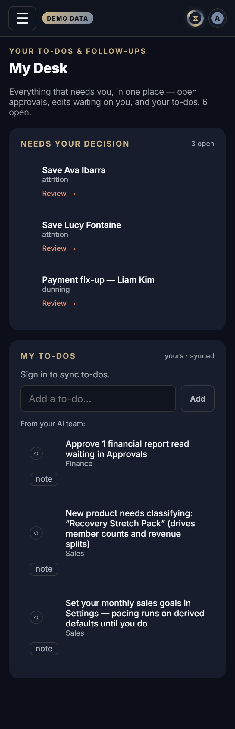 The My Desk in Xyzios on All locations, phone size, dark theme, showing the Demo Studio