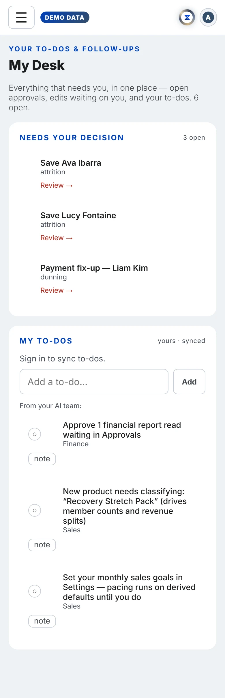 The My Desk in Xyzios on All locations, phone size, light theme, showing the Demo Studio