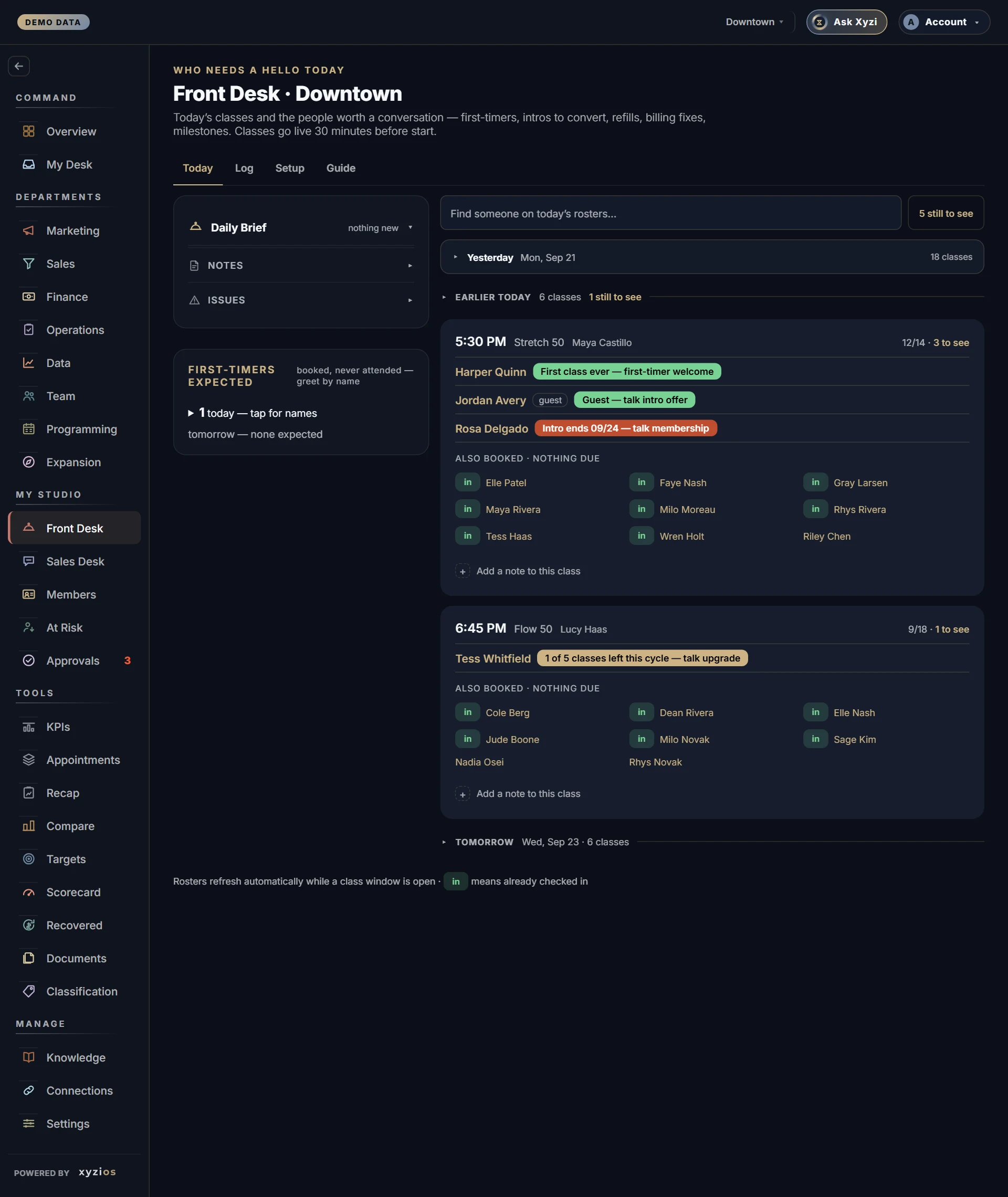 The Front Desk in Xyzios on Downtown, desktop size, dark theme, showing the Demo Studio