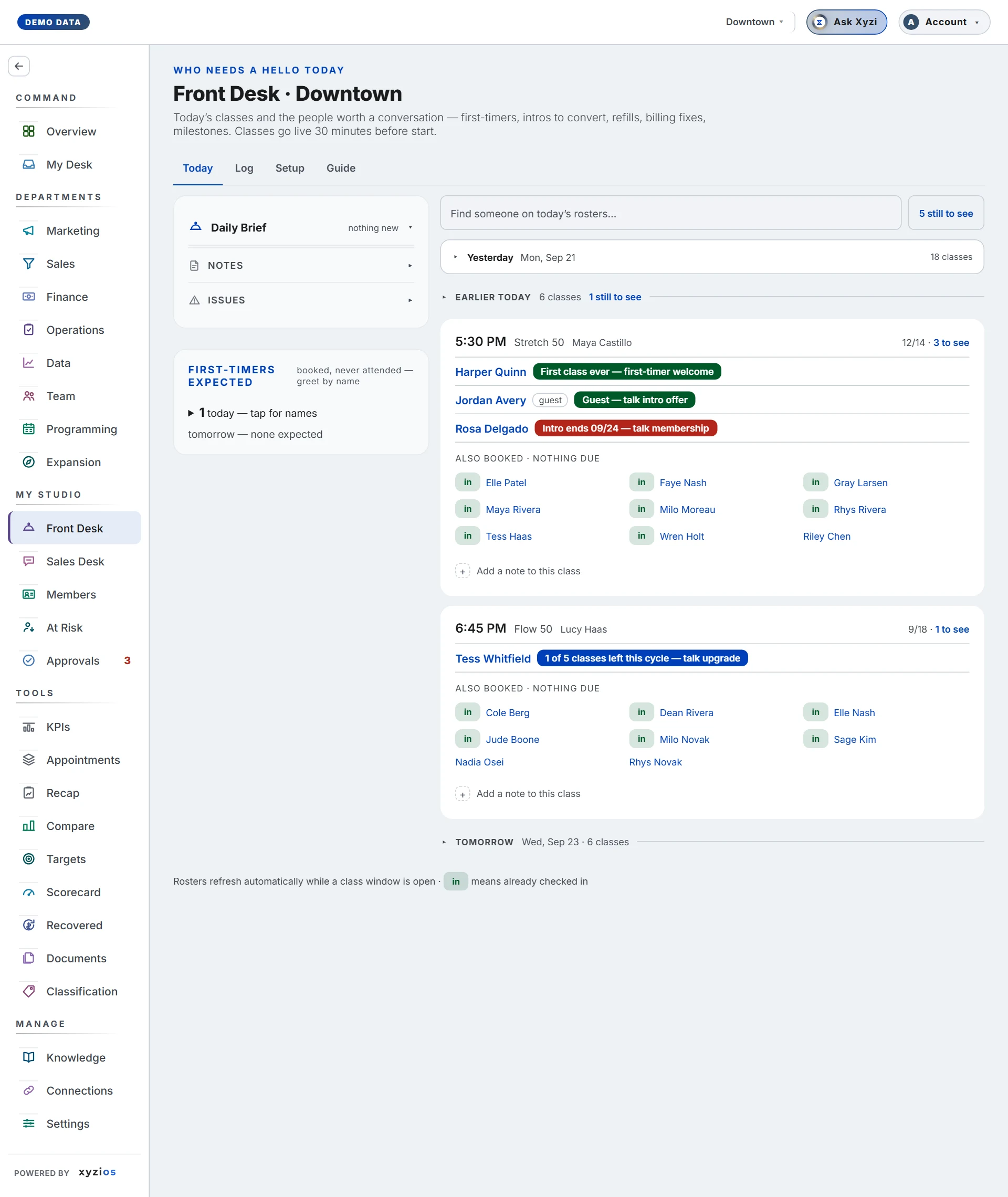 The Front Desk in Xyzios on Downtown, desktop size, light theme, showing the Demo Studio