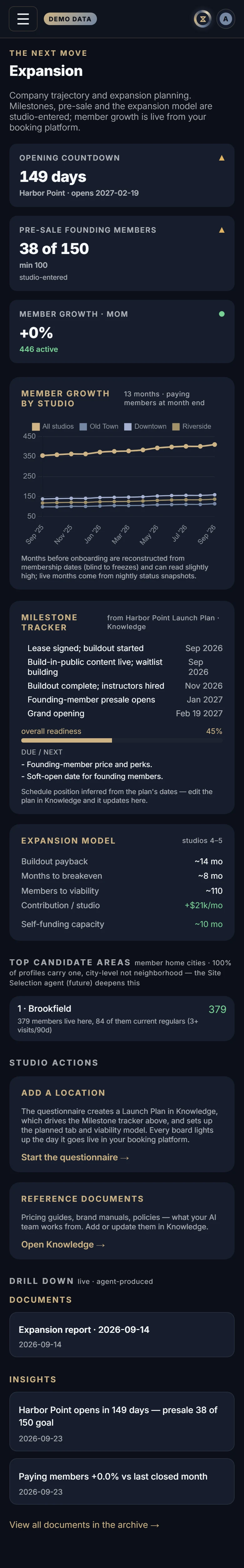 The Expansion in Xyzios on All locations, phone size, dark theme, showing the Demo Studio