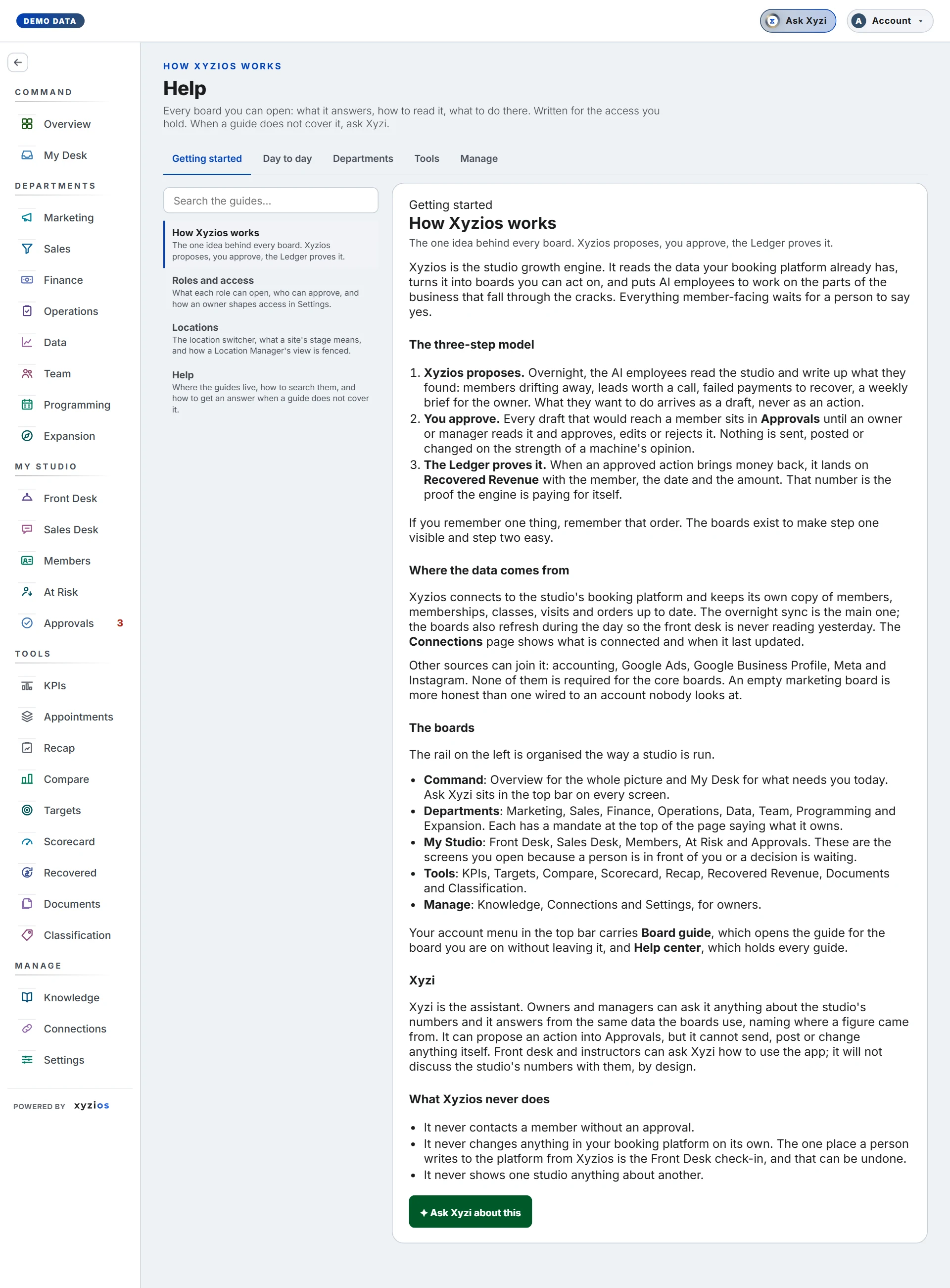 The Help in Xyzios on All locations, desktop size, light theme, showing the Demo Studio