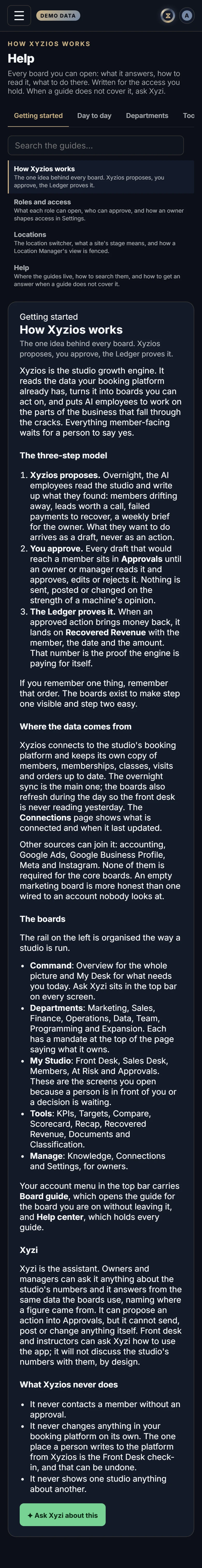 The Help in Xyzios on All locations, phone size, dark theme, showing the Demo Studio