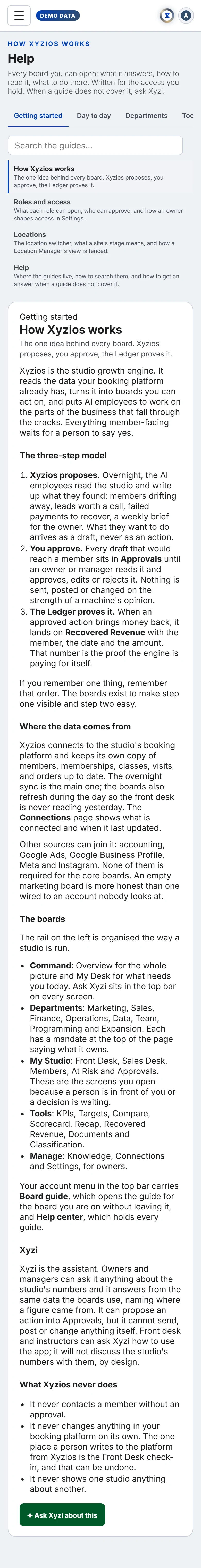 The Help in Xyzios on All locations, phone size, light theme, showing the Demo Studio