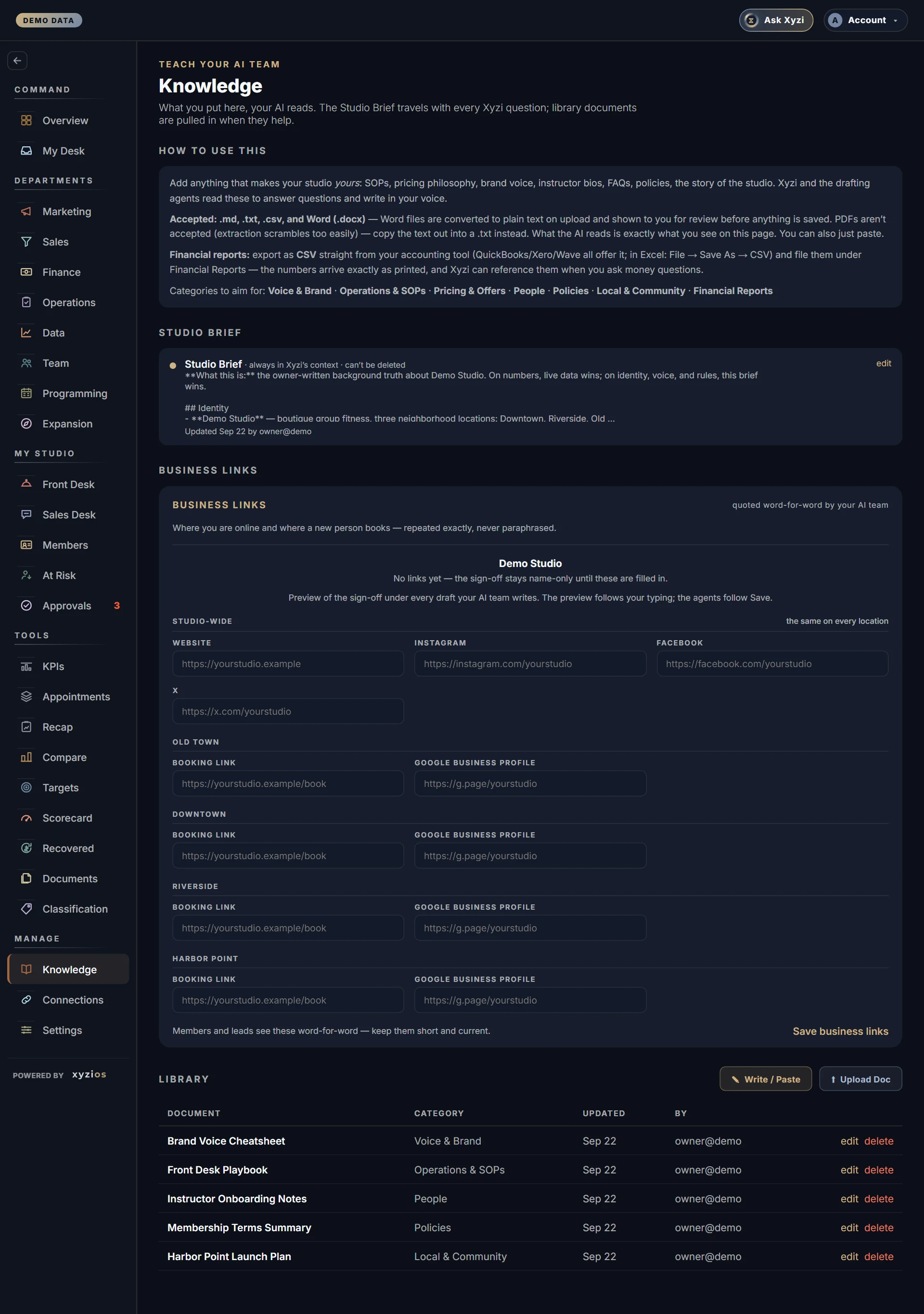 The Knowledge in Xyzios on All locations, desktop size, dark theme, showing the Demo Studio