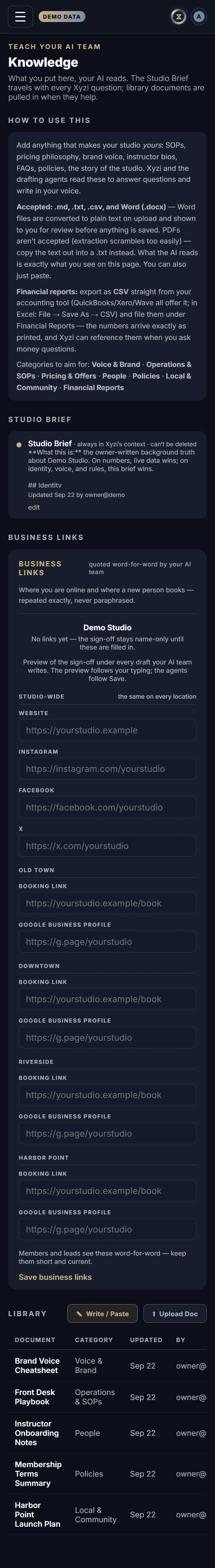 The Knowledge in Xyzios on All locations, phone size, dark theme, showing the Demo Studio