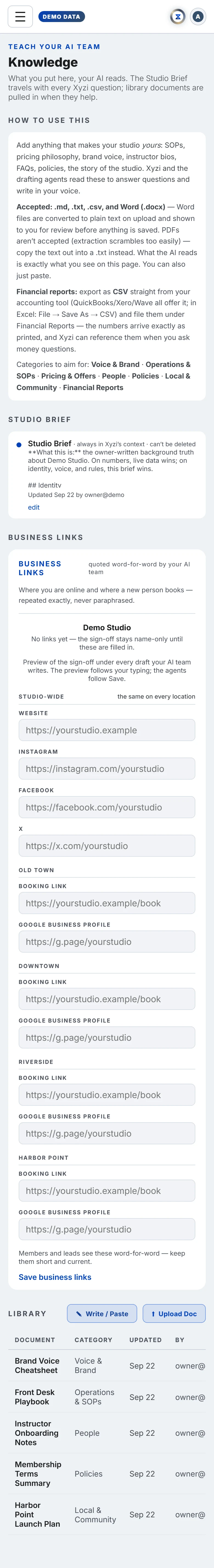 The Knowledge in Xyzios on All locations, phone size, light theme, showing the Demo Studio