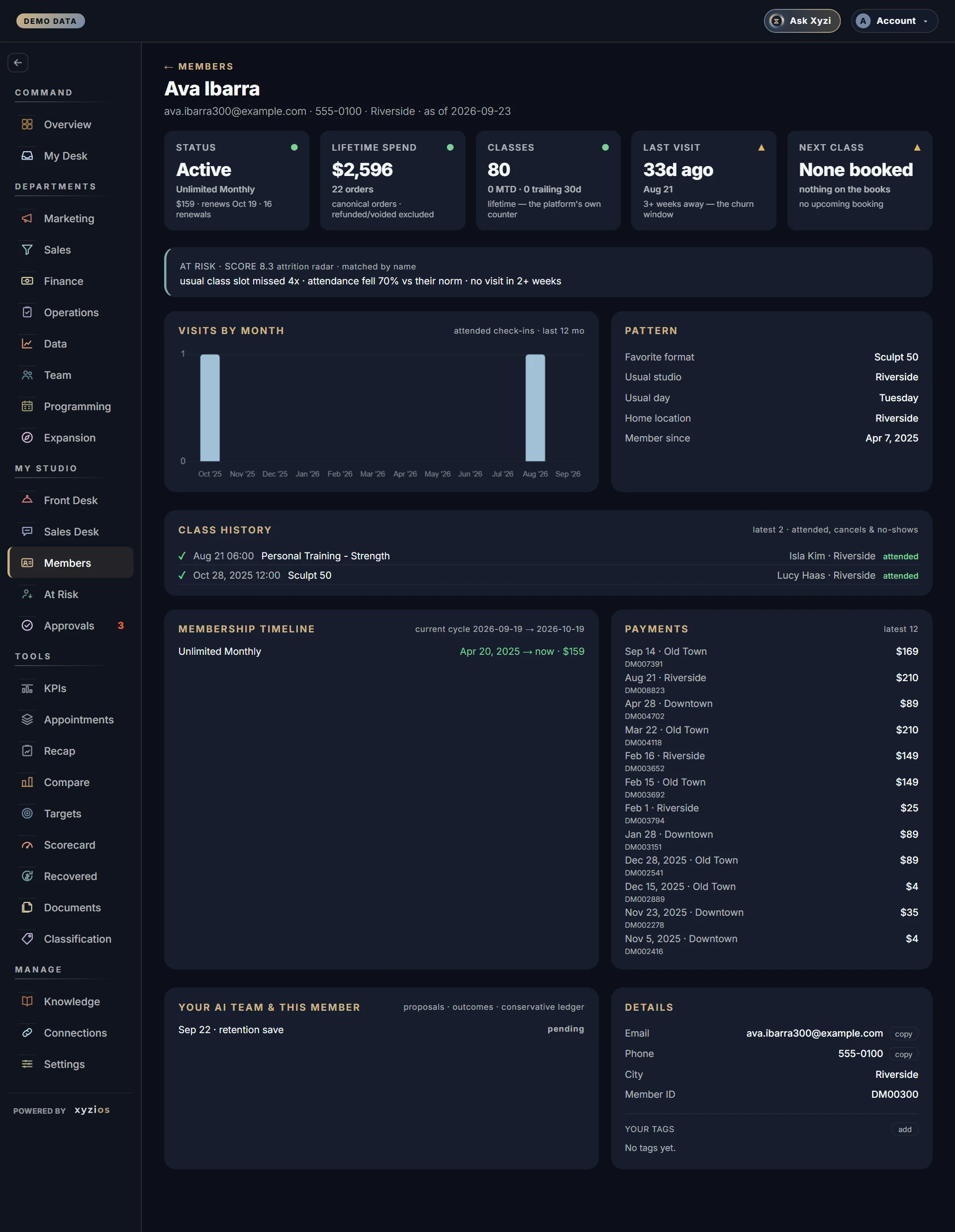 The Members in Xyzios on All locations, desktop size, dark theme, showing the Demo Studio