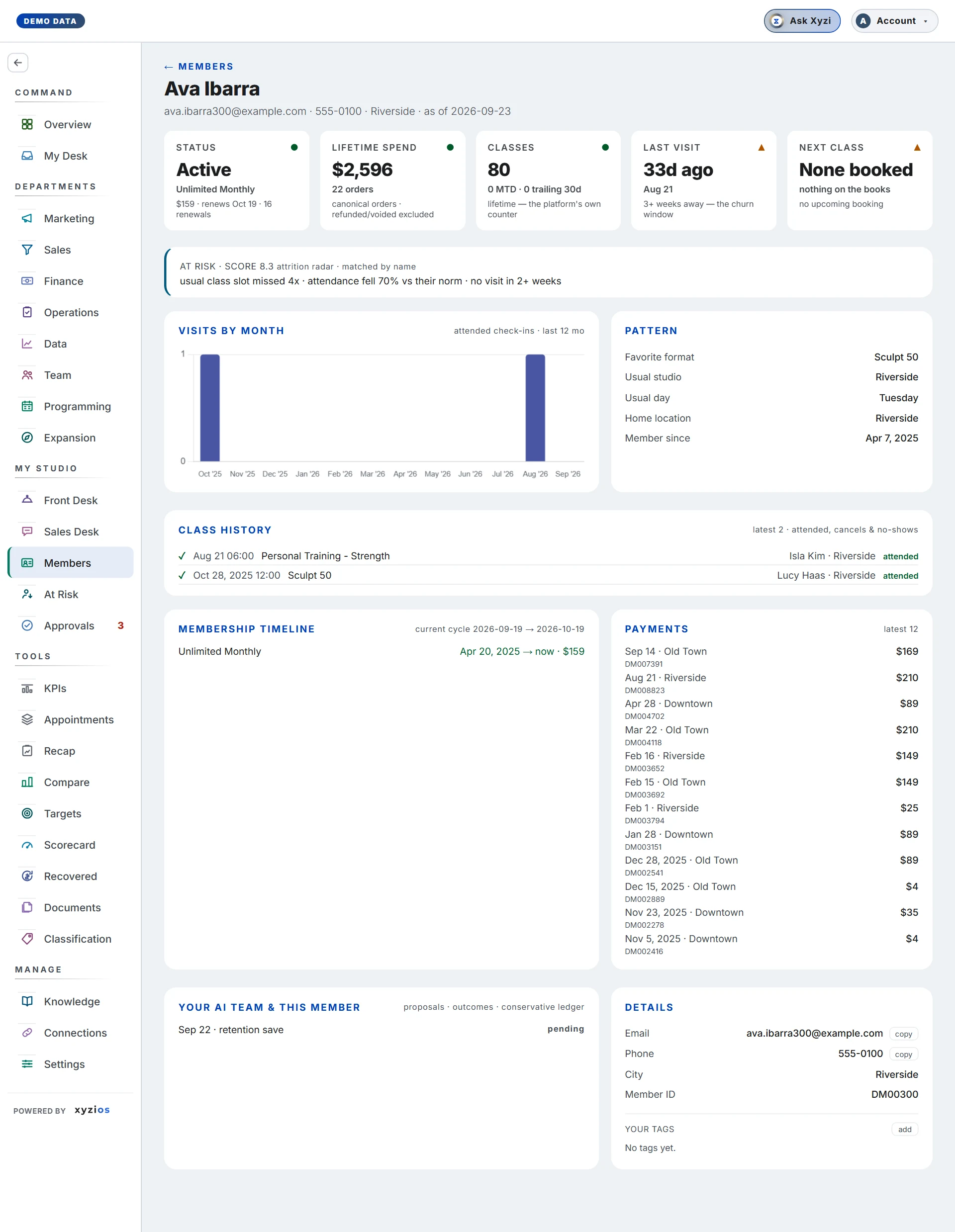 The Members in Xyzios on All locations, desktop size, light theme, showing the Demo Studio
