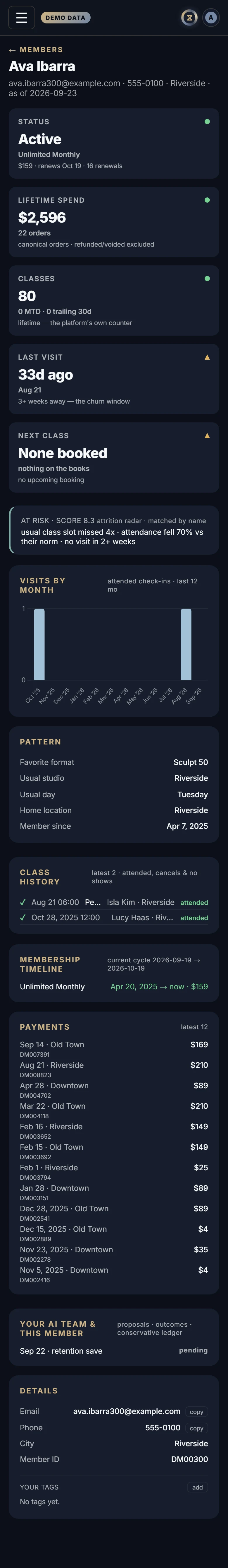 The Members in Xyzios on All locations, phone size, dark theme, showing the Demo Studio