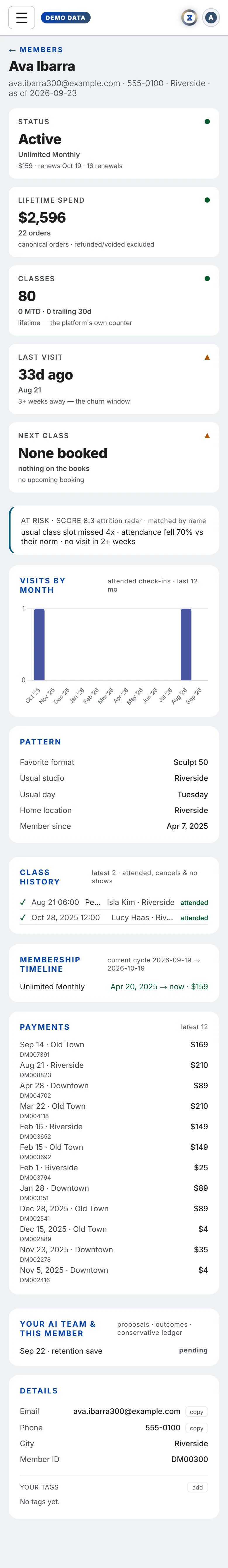 The Members in Xyzios on All locations, phone size, light theme, showing the Demo Studio