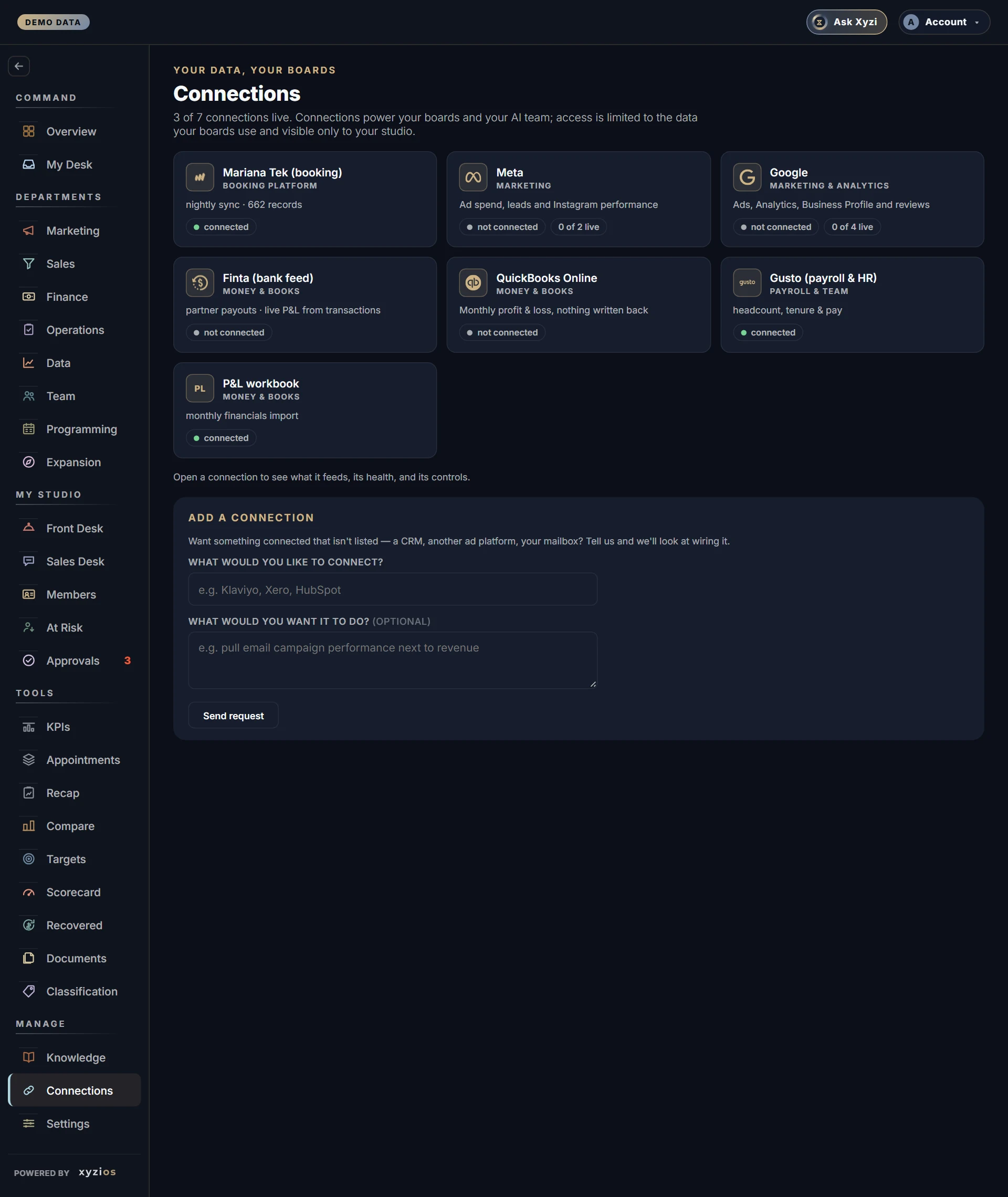 The Connections in Xyzios on All locations, desktop size, dark theme, showing the Demo Studio