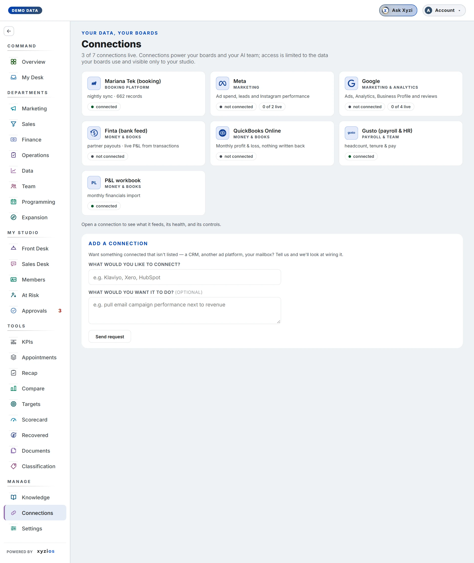 The Connections in Xyzios on All locations, desktop size, light theme, showing the Demo Studio