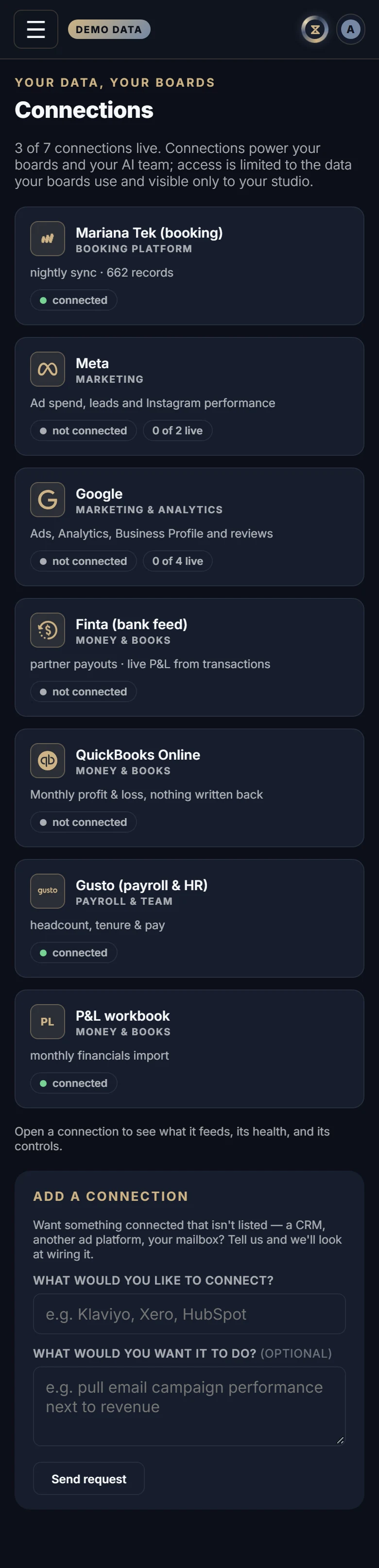 The Connections in Xyzios on All locations, phone size, dark theme, showing the Demo Studio
