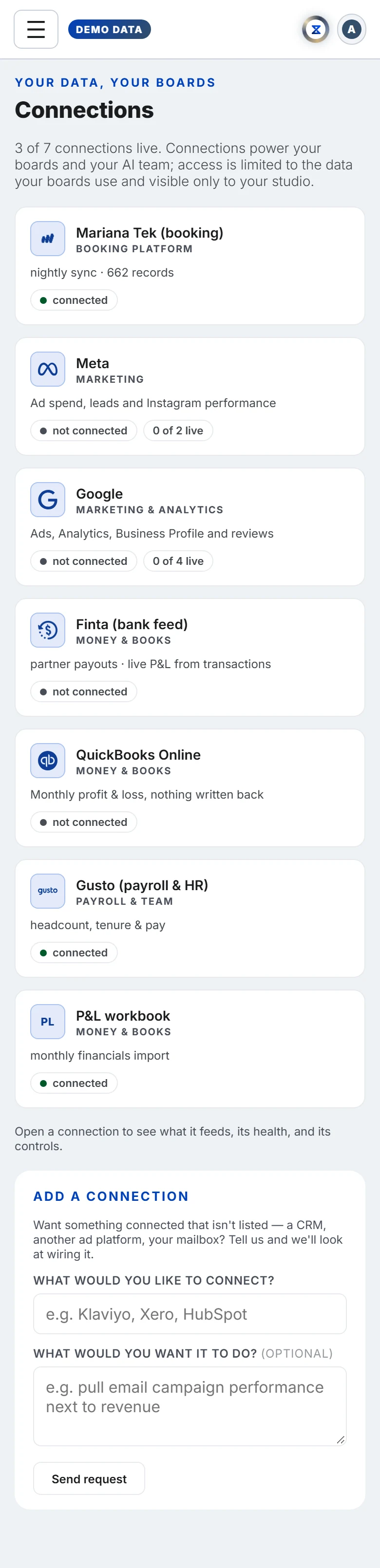 The Connections in Xyzios on All locations, phone size, light theme, showing the Demo Studio