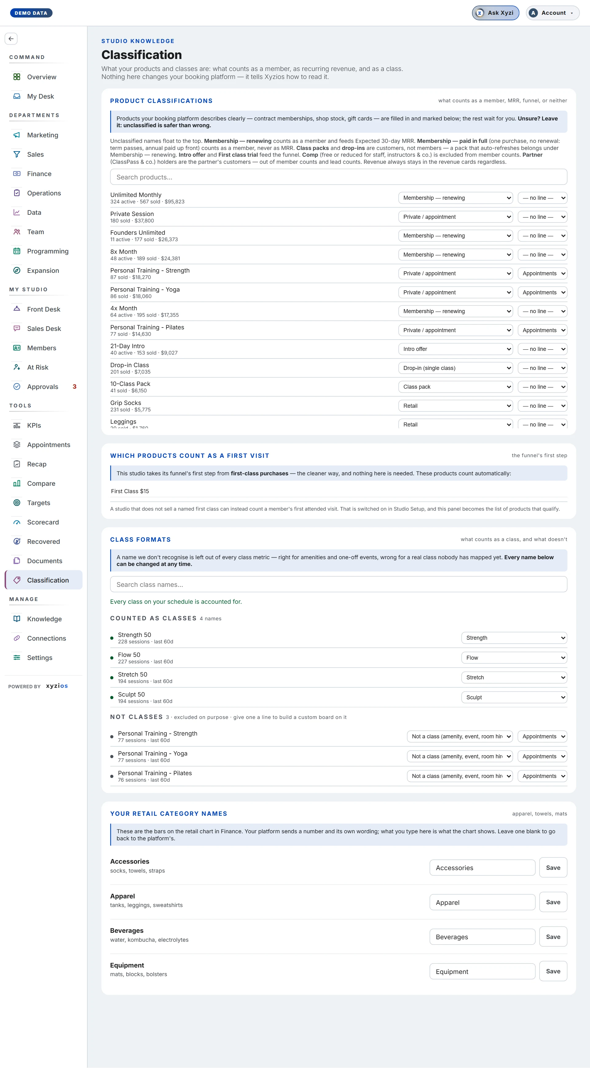 The Classification in Xyzios on All locations, desktop size, light theme, showing the Demo Studio