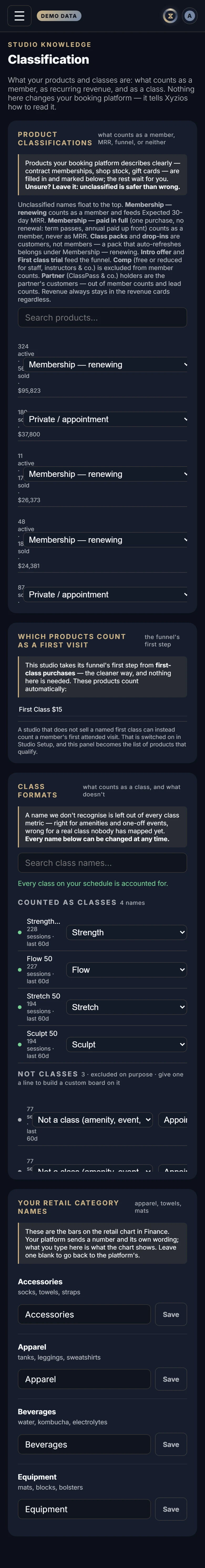 The Classification in Xyzios on All locations, phone size, dark theme, showing the Demo Studio