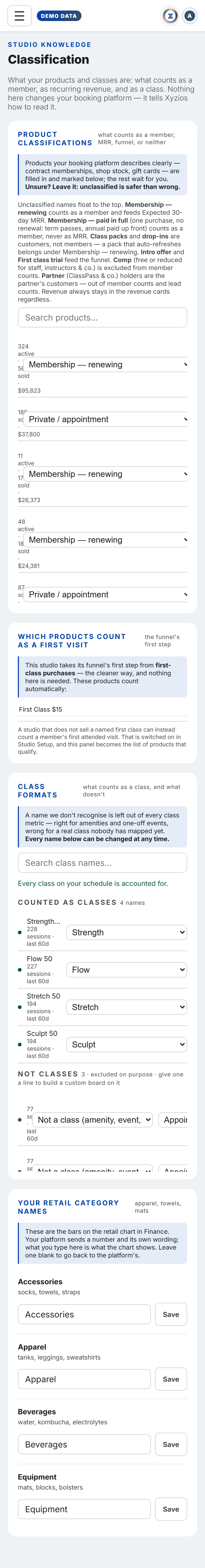 The Classification in Xyzios on All locations, phone size, light theme, showing the Demo Studio
