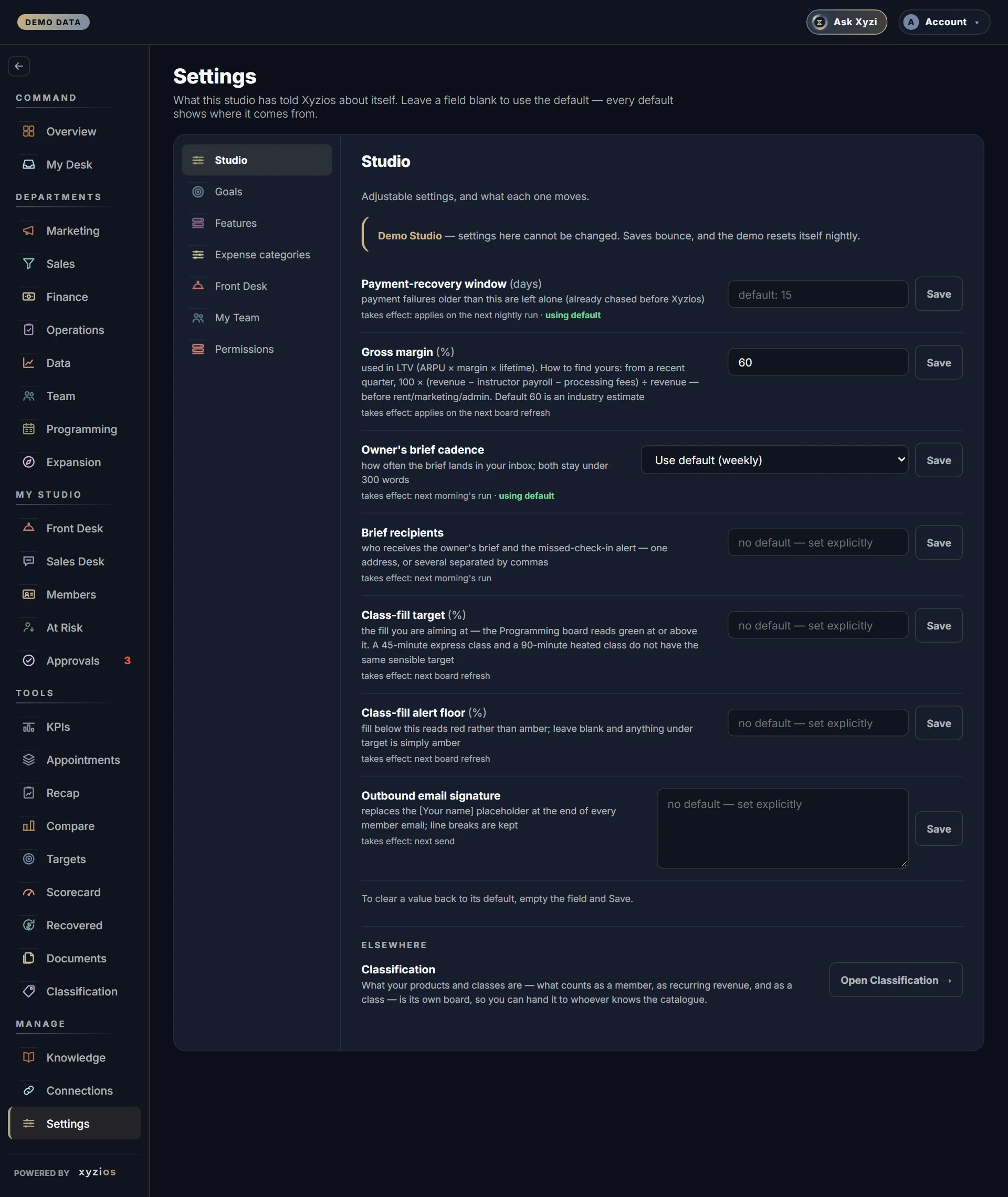 The Settings in Xyzios on All locations, desktop size, dark theme, showing the Demo Studio