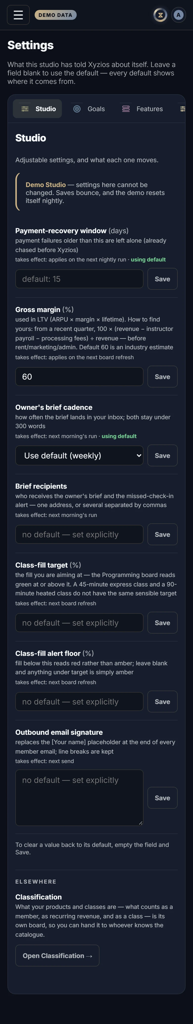 The Settings in Xyzios on All locations, phone size, dark theme, showing the Demo Studio