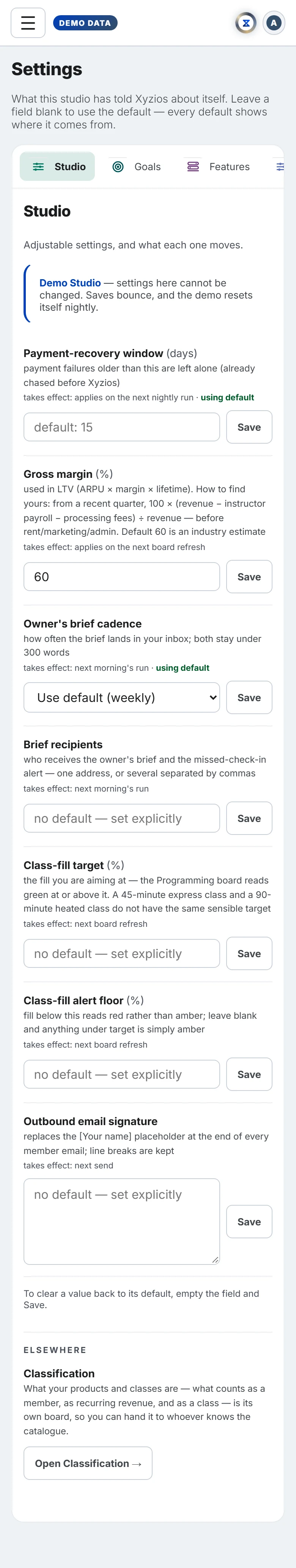 The Settings in Xyzios on All locations, phone size, light theme, showing the Demo Studio